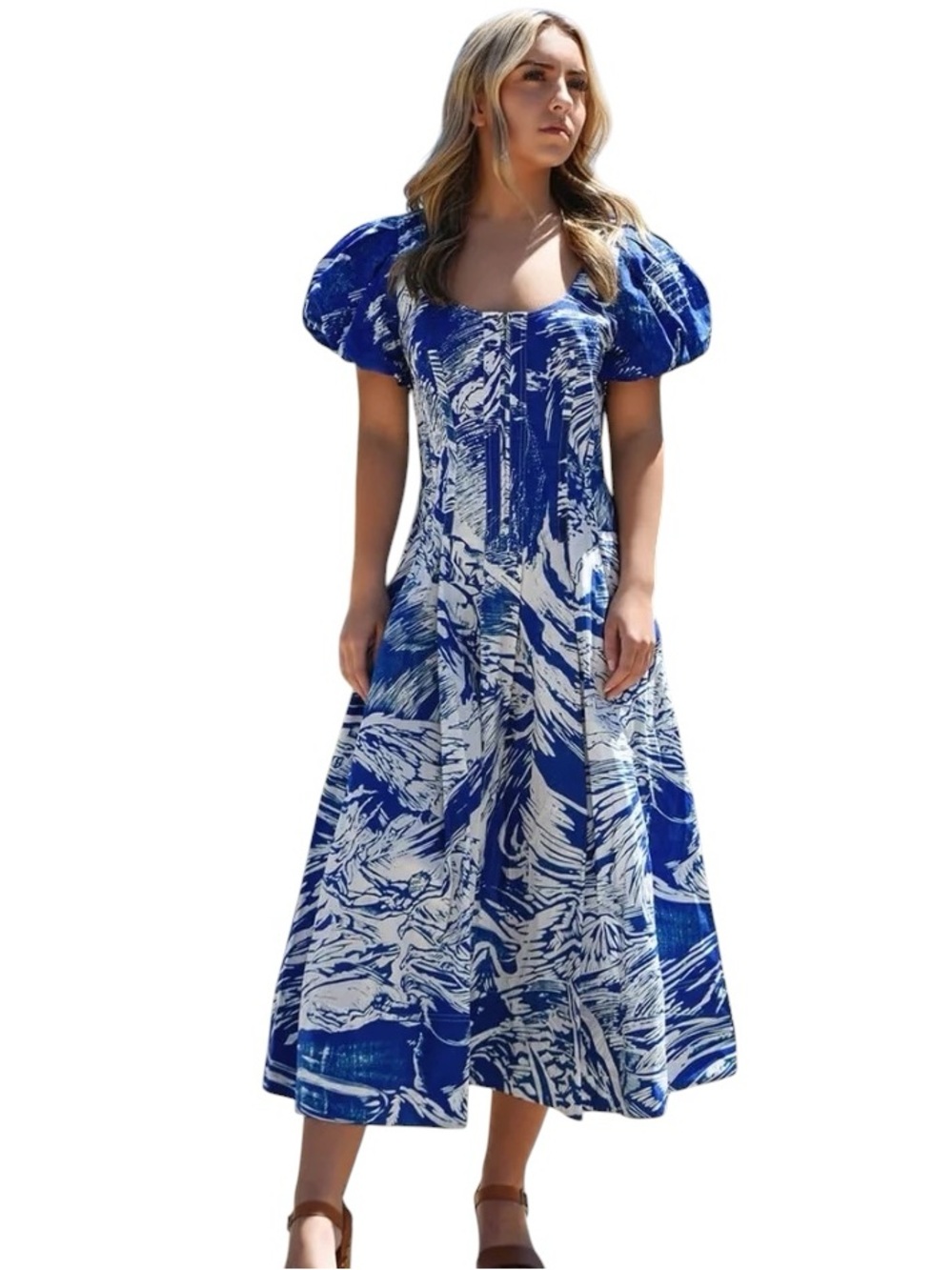 Jessie Zhao Blue Printmaking Scoop Neck Cotton Midi Dress Size 8
